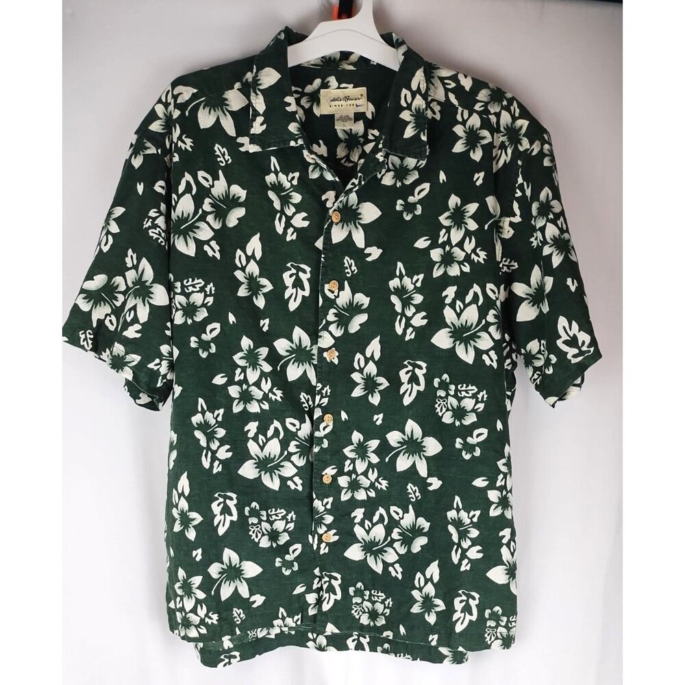 Eddie Bauer Men's Large Tropical Button Down Shirt Linen Cotton Green